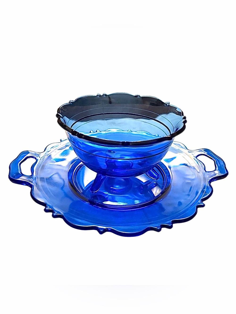 L.E. Smith Vintage Cobalt Blue Depression Glass Footed Bowl & Plate Set